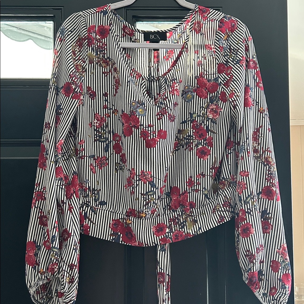 BCX Red Floral and Black Striped Blouse Size L 💯 Polyester